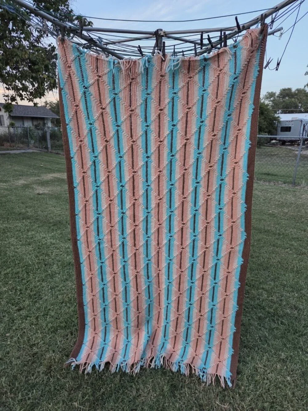 Vintage Handmade Afghan Fringe Throw Southwest Blanket 64 X 42” Turquoise Peach